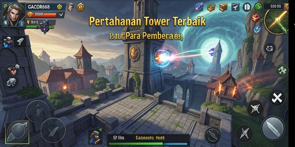 Screenshot utama GACOR668 menampilkan aksi pertempuran Tower Defense yang intens.